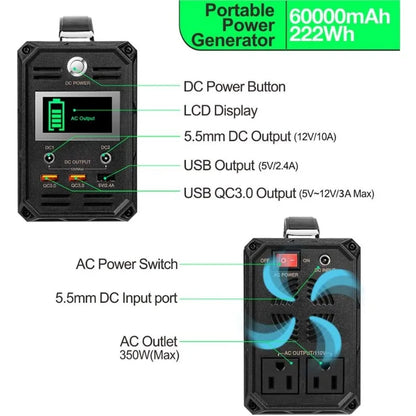 300W Solar Generator 60000mAh Portable Power Station Camping Potable Generator