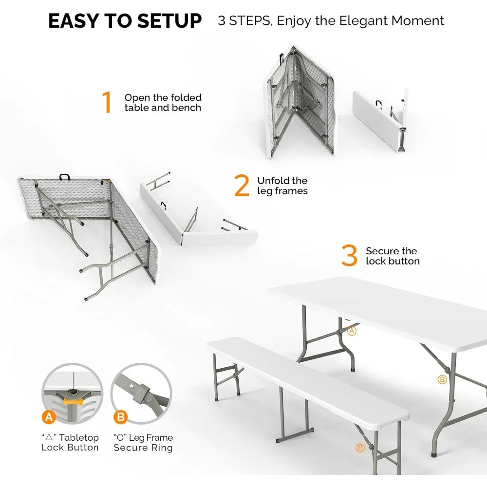 Picnic Table Set with 2 Benches, 6 Feet Camping Table Chair Set,3-Piece Folding Furniture