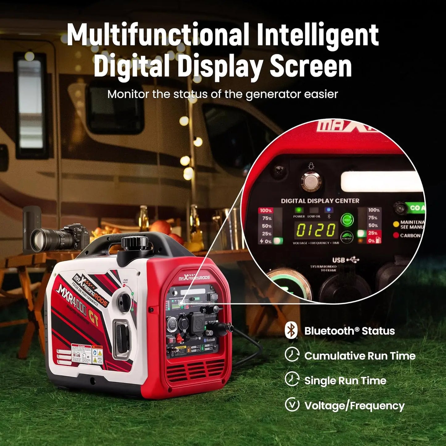 Dual Fuel Inverter Generator with Bluetooth Control Start and Display RV Ready Electric Start Quiet for Outdoor Camping