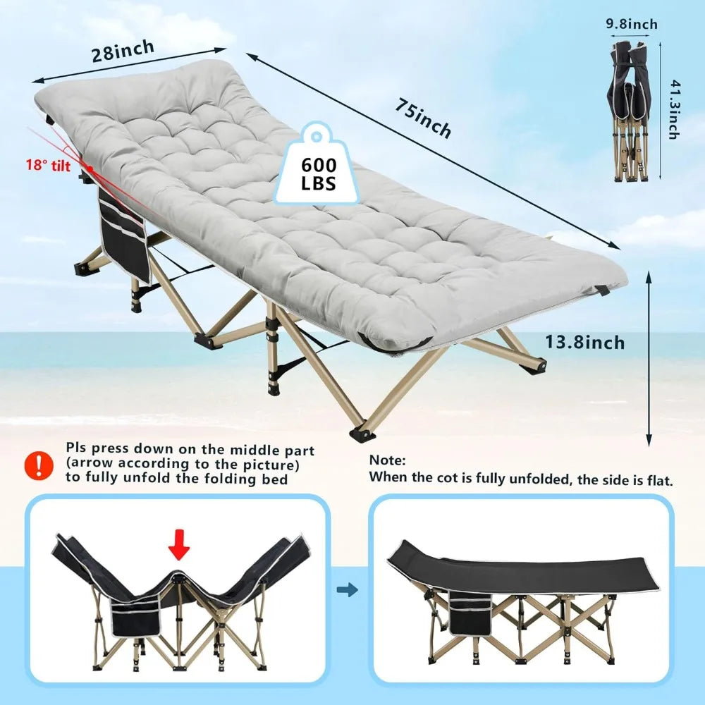 Camping Cots for Adults with 600lbs Load Capacity, Folding Camping Cot with Mattress, Sleeping Cot for Adult with Carry Bags