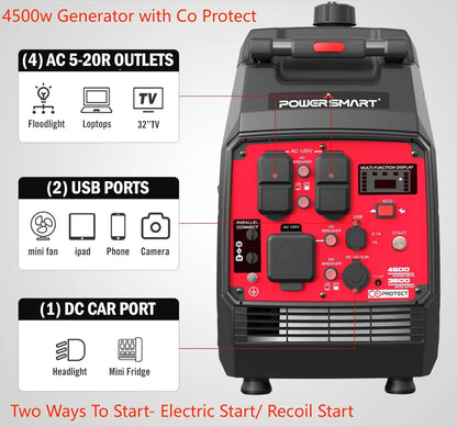 Super Quiet Portable Inverter Generator with CO Sensor Electric Start Gas Powered RV Ready Wheel Handle Kit Parallel